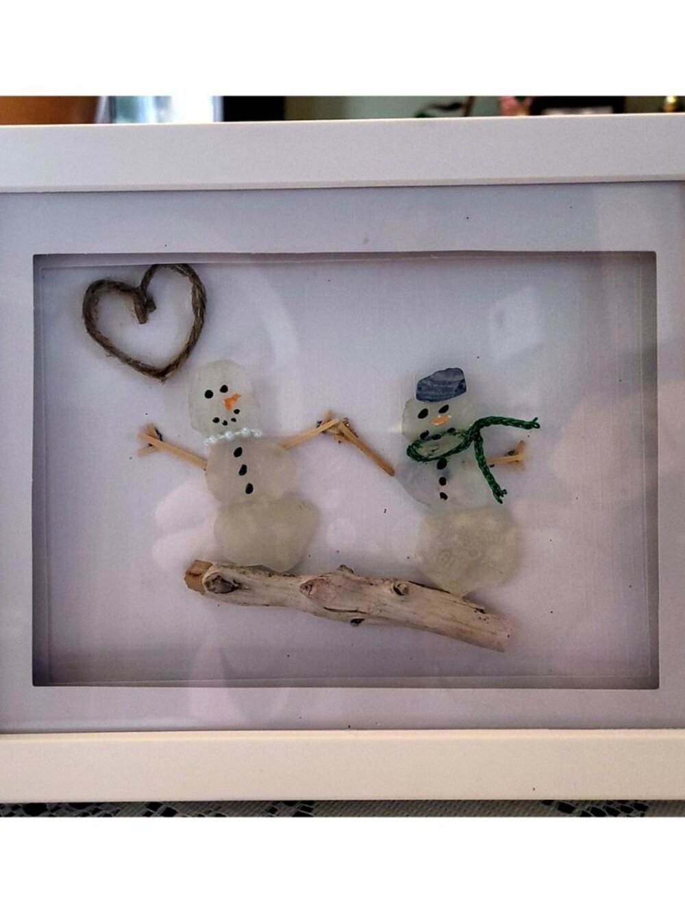 Sea Glass Snowmen Couple Shadow Box - Handmade Newfoundland